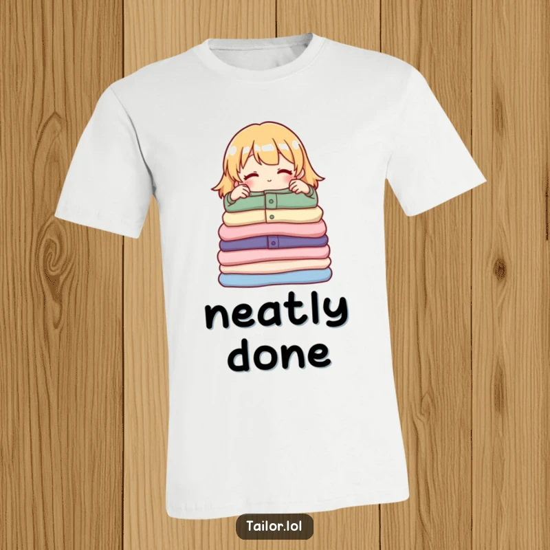 Funny t-shirt showing a proud character meticulously adjusting a perfectly folded stack of garments, celebrating organization.