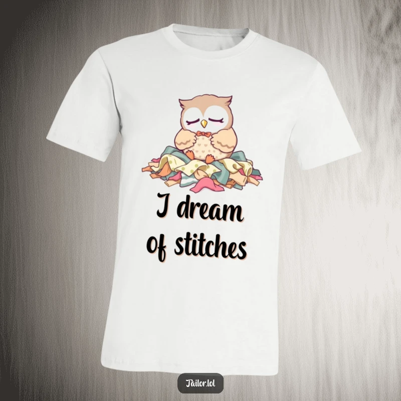 Funny T-Shirt: A sleepy Kawaii owl tailor character rests on fabric scraps, embodying peaceful crafting and a need for rest.