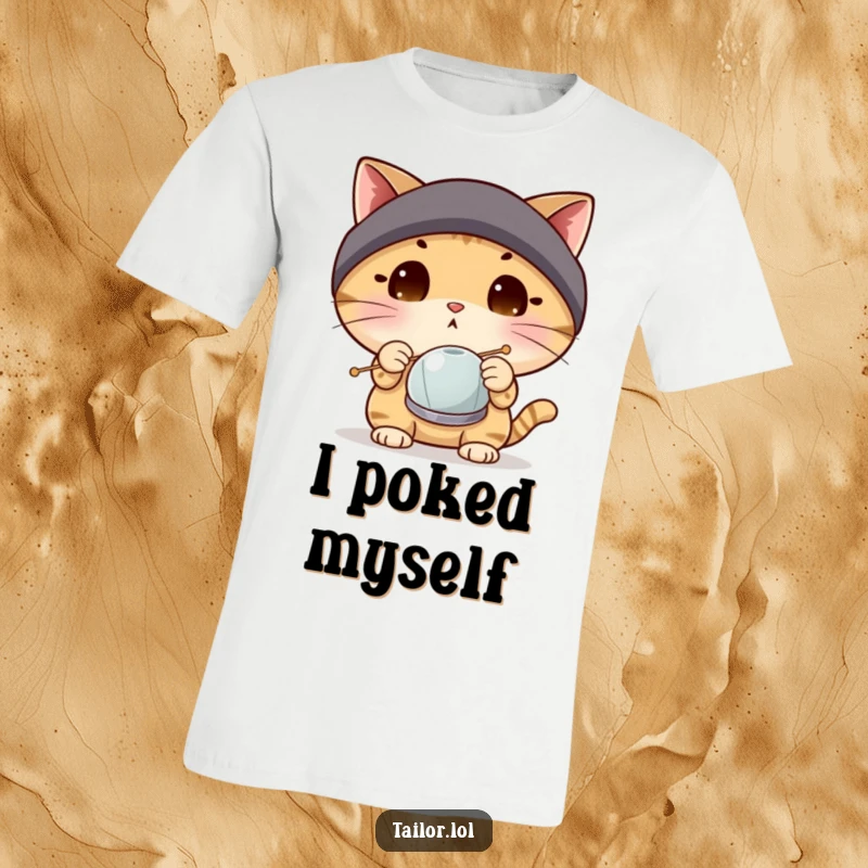Funny surprised cat character wearing a thimble, looking at a giant needle on a humorous t-shirt, great gift.
