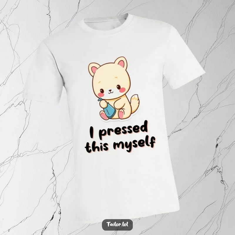 Funny T-Shirt: A cute animal character meticulously ironing a minuscule piece of fabric with a tiny iron, demonstrating precision.