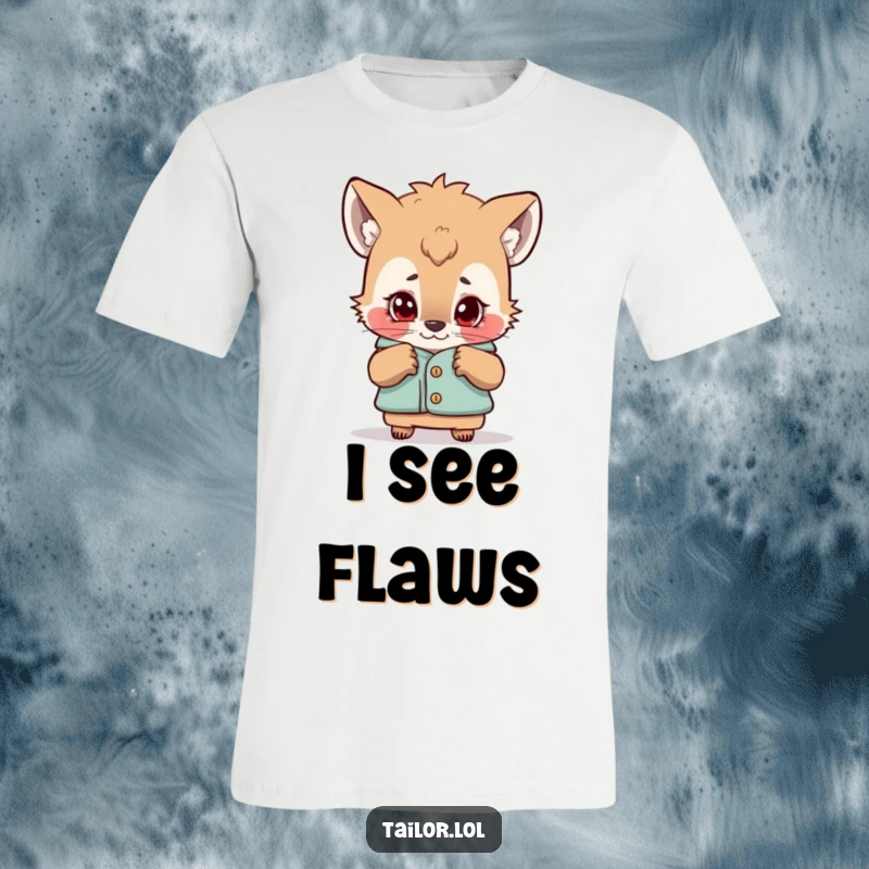 Funny t-shirt with a curious animal character scrutinizing a garment with a critical eye, celebrating fashion judgment humorously.
