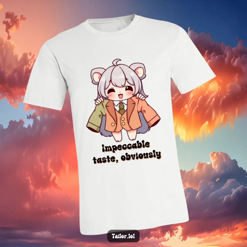 Funny tailor t-shirt showing a character beaming with pride while holding a perfectly tailored garment, radiating sewing expertise.