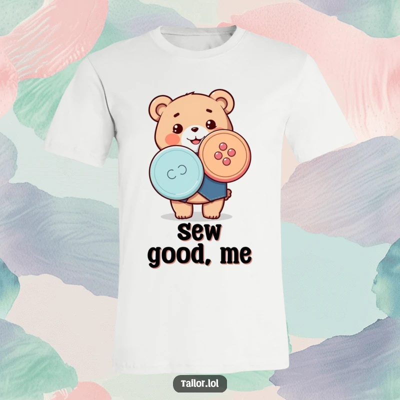 Funny t-shirt depicting a happy Kawaii bear tailor proudly holding a huge, vibrant sewing button, radiating creative joy.