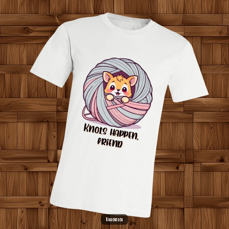Funny animal t-shirt, depicting a surprised creature adorably ensnared within a huge ball of colorful yarn, a comical mess.
