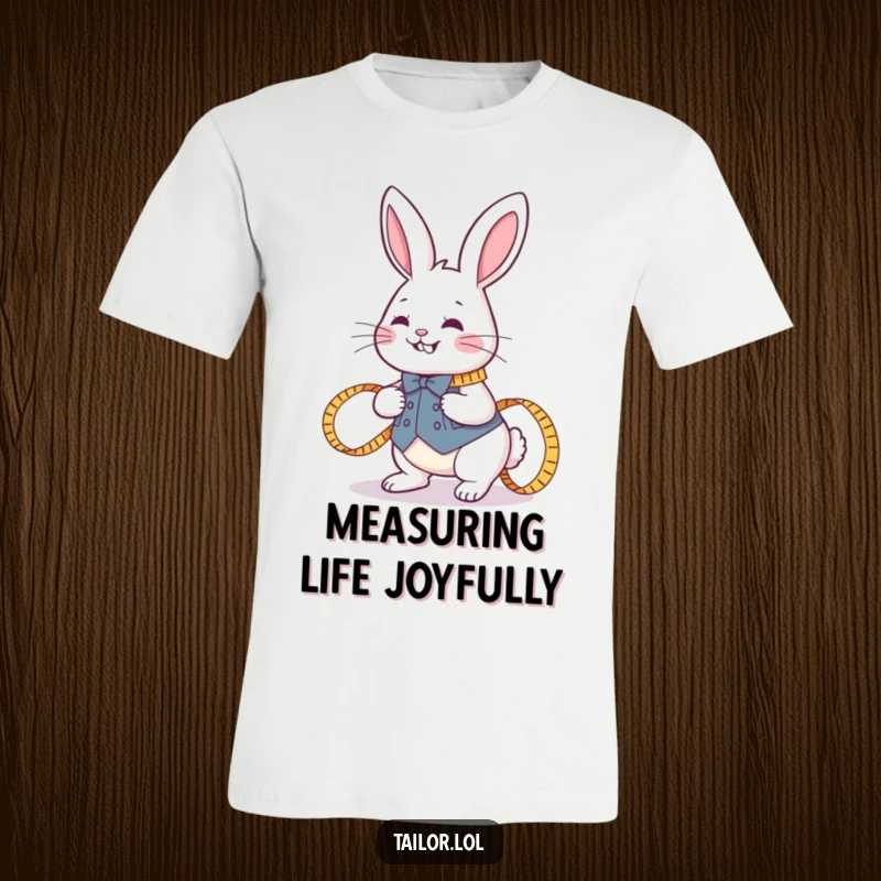 Funny joyful rabbit tailor hopping with a measuring tape on a graphic t-shirt, perfect for sewing lovers and funny gifts.