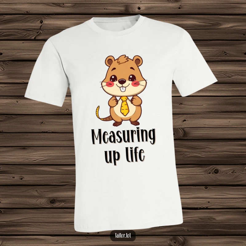 Funny Kawaii beaver tailor character wearing a measuring tape as a necktie, a humorous and fashionable t-shirt for dressmakers.