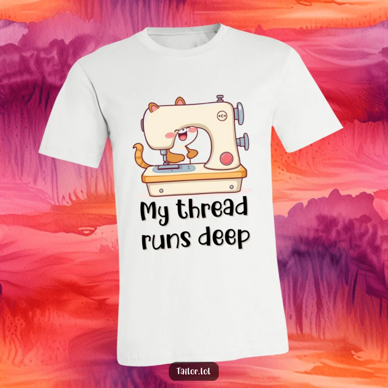 Funny t-shirt with an animal joyfully using a comically large sewing machine, perfect for craft lovers.