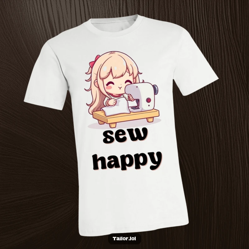 Funny t-shirt featuring a happy, determined character using a sewing machine, highlighting the joy and focus of creating.