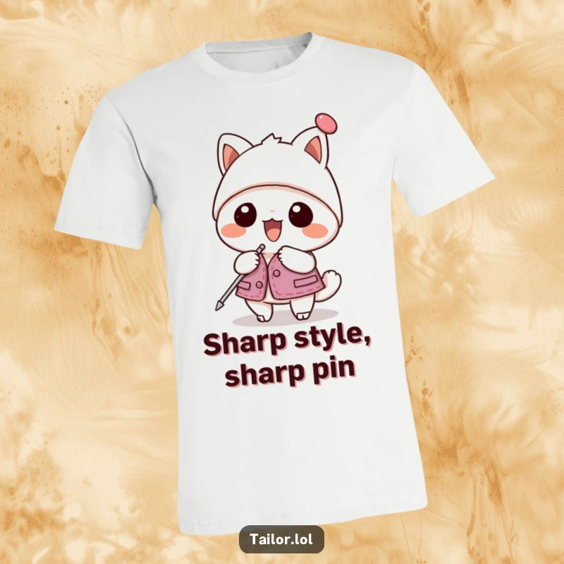 Funny t-shirt with a kawaii animal character enthusiastically pinning a garment using a giant hatpin, perfect for sewers.