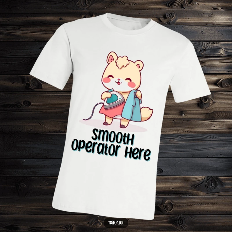 Funny t-shirt of a cheerful animal character ironing clothes with a small, steaming iron, celebrating neatness with humor.