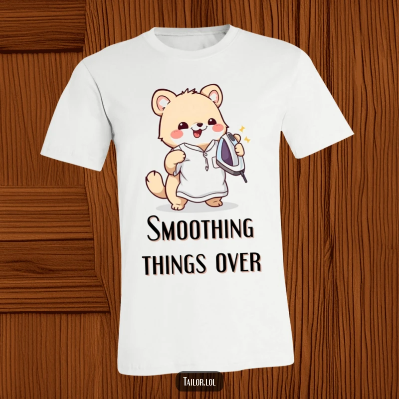 Funny t-shirt depicting a cute animal character gleefully ironing a badly wrinkled shirt, showcasing a happy and diligent approach to chores.