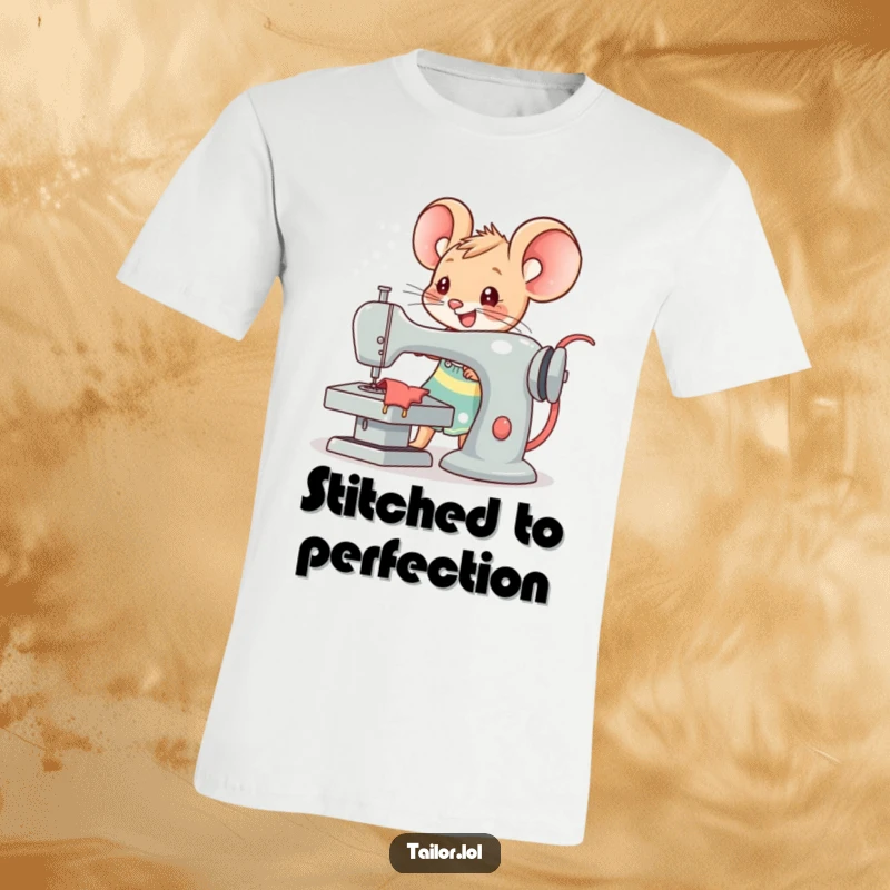 Funny Kawaii mouse tailor character joyfully operating an oversized sewing machine, ideal humorous apparel for crafters.