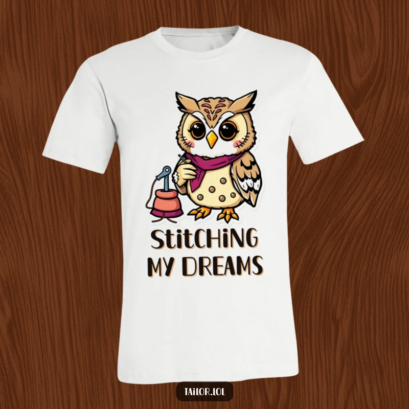 Funny focused owl tailor sewing a colorful patch on a graphic t-shirt, perfect for sewing lovers and a humorous gift.