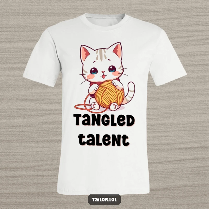 Funny t-shirt depicting a surprised Kawaii cat tailor hilariously tangled in a massive ball of colorful yarn, radiating playful mischief.