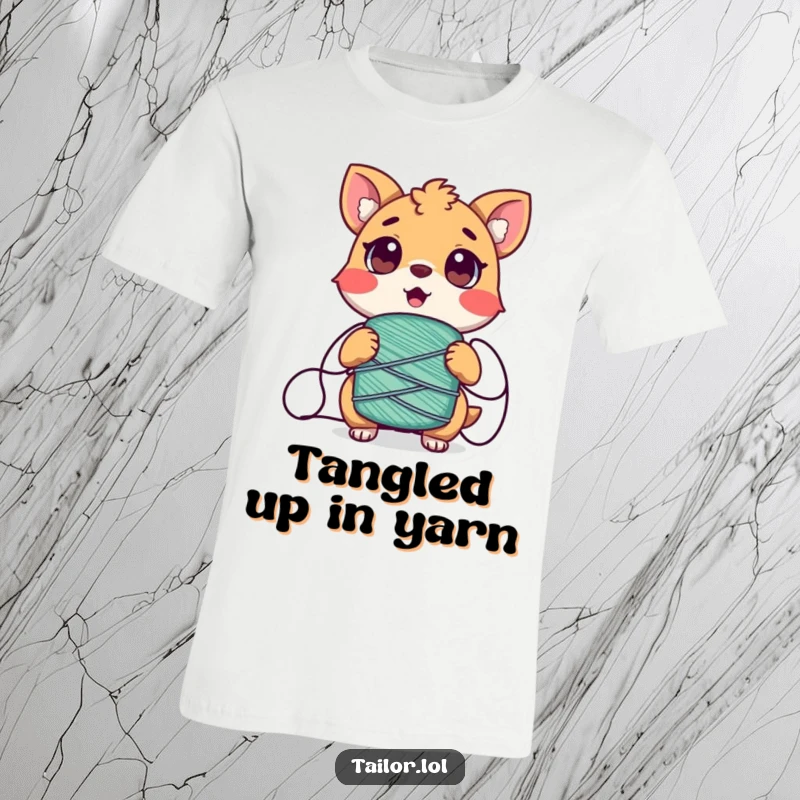 Funny Tangled Animal Tshirt, a surprised animal character comically wrapped in a spool of thread, showcasing a funny predicament.