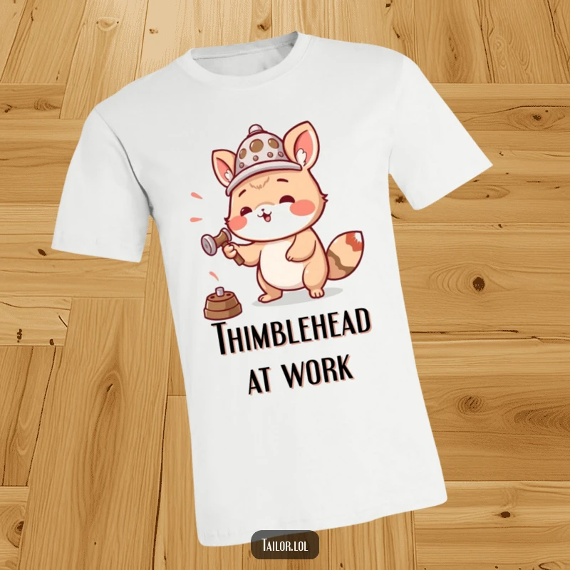 Funny t-shirt featuring an animal wearing a thimble as a hat, enthusiastically hammering, perfect for DIY lovers.