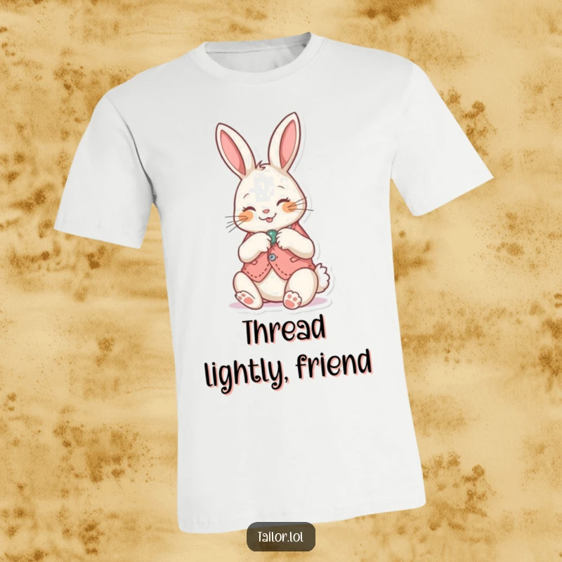 Funny T-Shirt: Cheerful bunny focused on sewing a button onto a small, adorable vest, perfect for craft lovers.