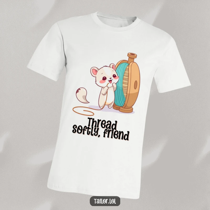 Funny t-shirt depicting an animal character playfully tugging a thread from a large spool, emphasizing crafty fun.