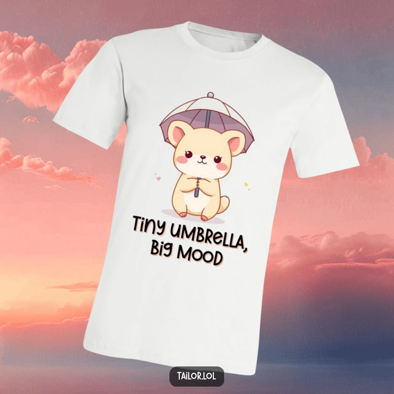 Funny t-shirt with a cute animal character using a thimble as a miniature umbrella, showcasing clever rain protection for a humorous look.