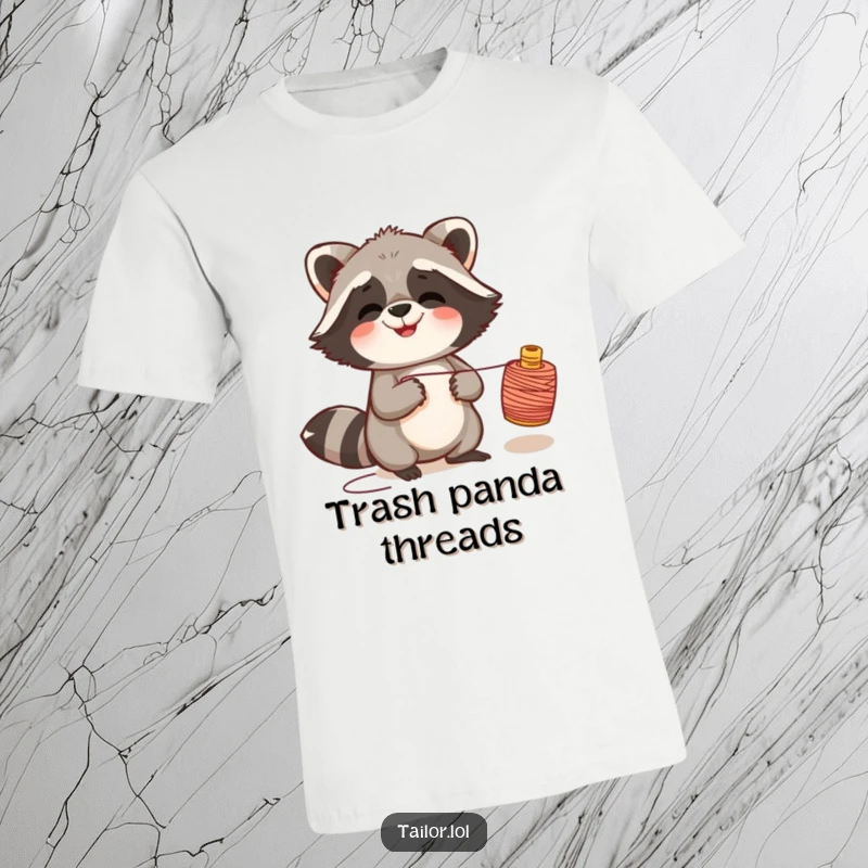 Funny giggling raccoon t-shirt graphic of a raccoon pulling a thread spool, embodying playful chaos and laughter.