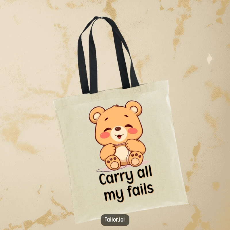Funny giggling bear character with large paws attempting to thread a tiny needle, on a practical tote bag for humor lovers.