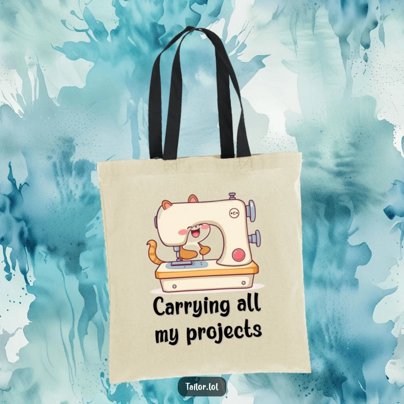 Funny tote bag with an animal at a comically large sewing machine, showcasing a love for crafting.