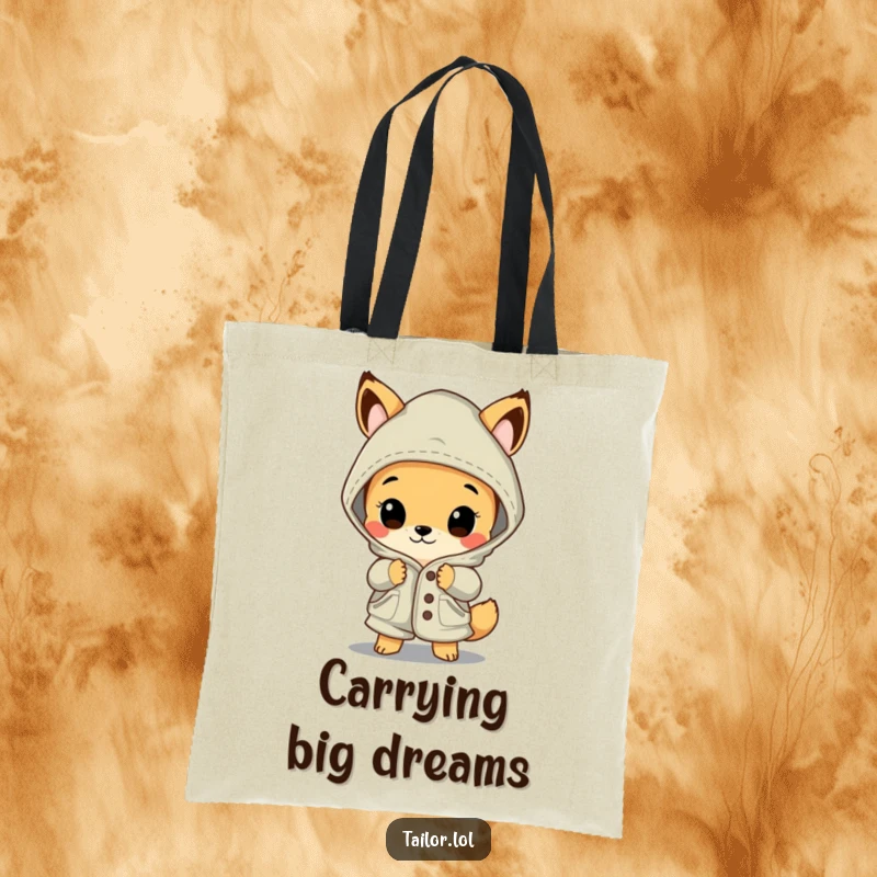 Funny animal tote bag, a curious creature admiring a large, beautifully stitched garment, a stylish accessory for fashion lovers.
