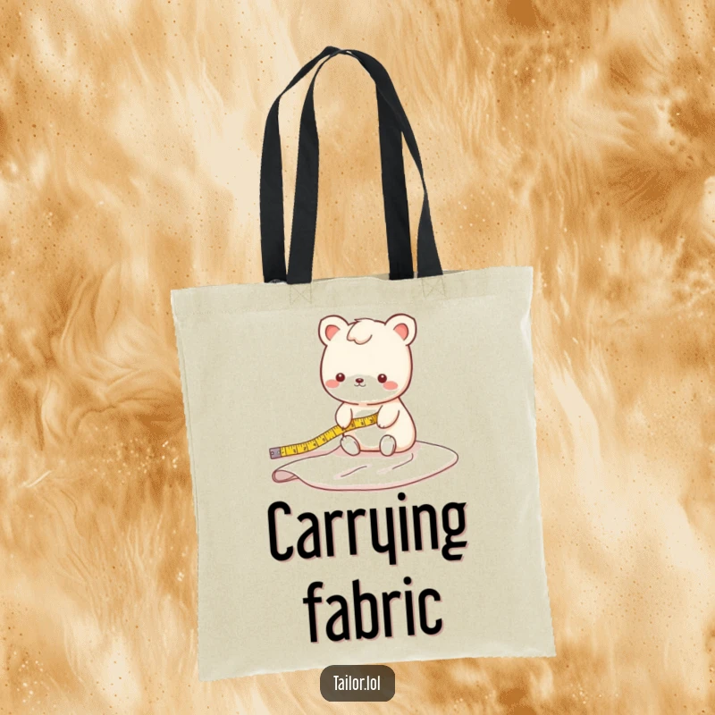 Funny fabric measuring animal tote bag with a cute character measuring a long bolt of fabric, a functional and witty accessory.