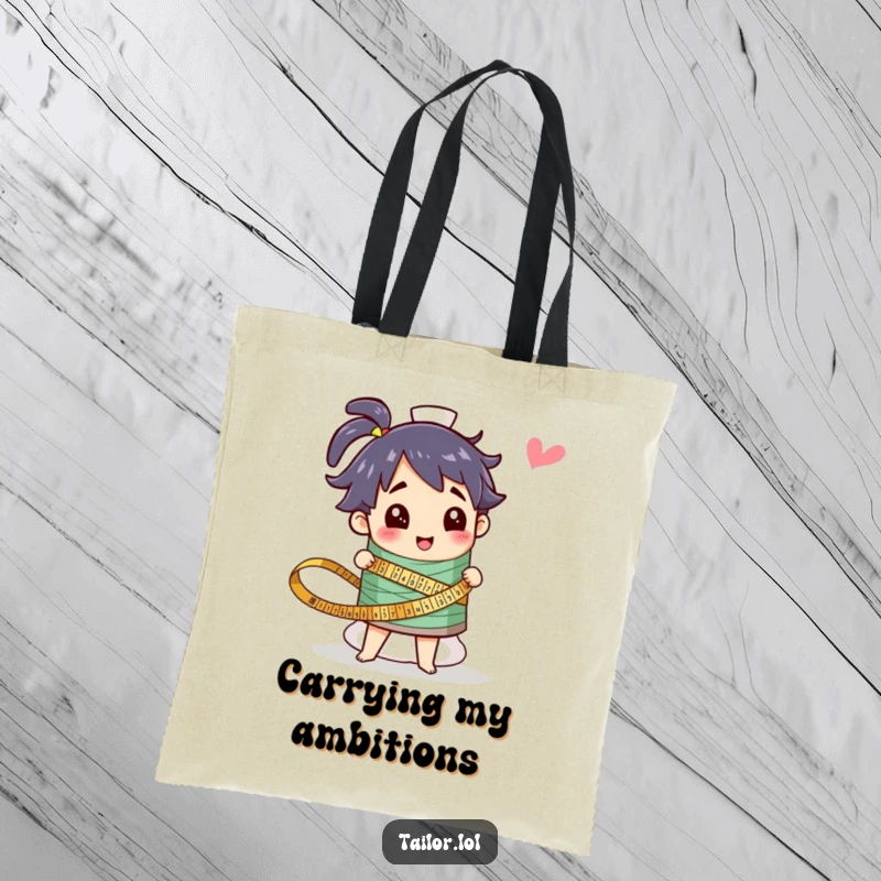 Funny tote bag with a character measuring a giant colorful thread spool, designed for sewing enthusiasts. A practical and humorous gift.