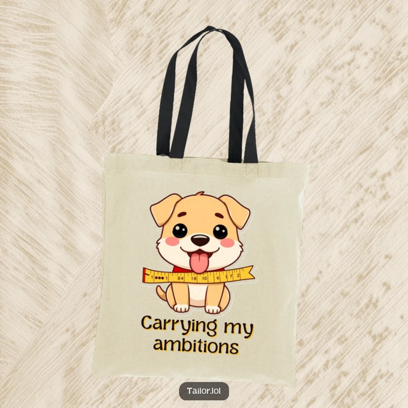 Funny dog tote bag art of a happy dog tongue out, measuring a ribbon, showcasing a sense of lighthearted fun.