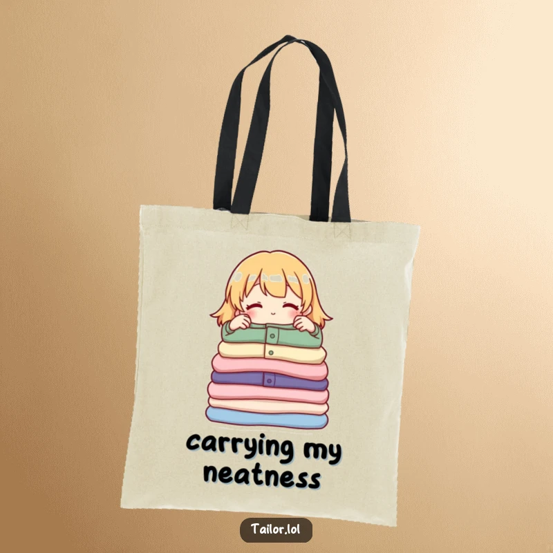 Funny tote bag with a proud character adjusting a neat stack of folded garments, ideal for carrying tidy essentials.