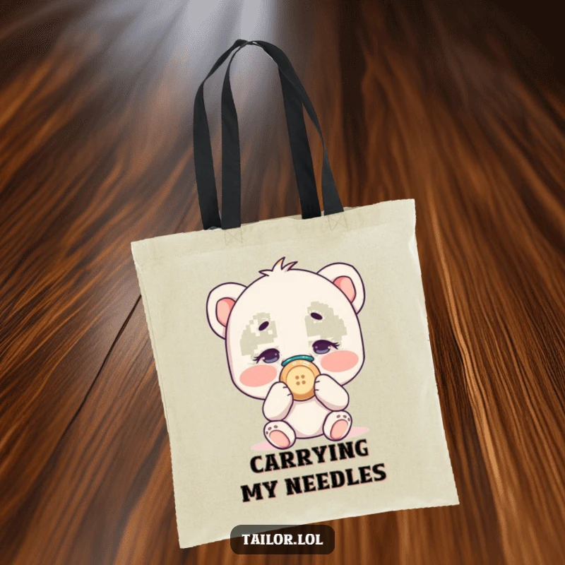 Funny character pretending to sew a button onto their own nose, a humorous and practical tote bag.