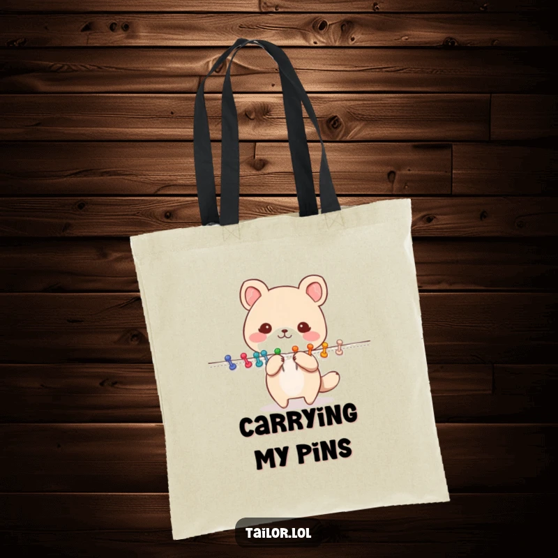 Funny Pinning Animal Tote Bag: A cheerful animal pinning colorful fabric with neat rows of pins. A practical and humorous accessory for crafters.