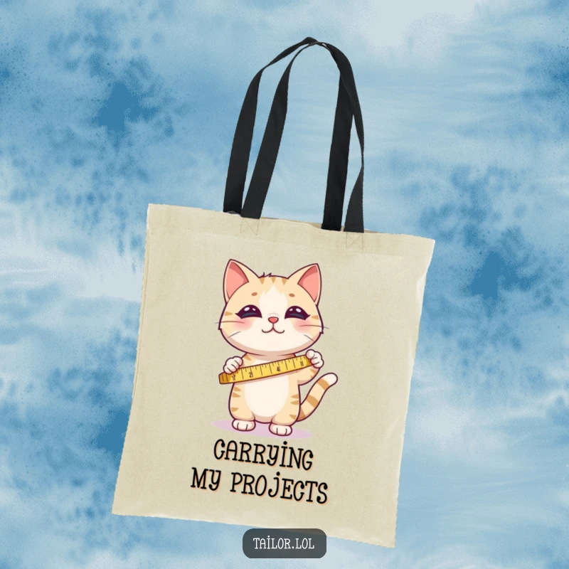 Funny tote bag with a cute cat happily measuring fabric with a tape measure, perfect for carrying sewing notions.