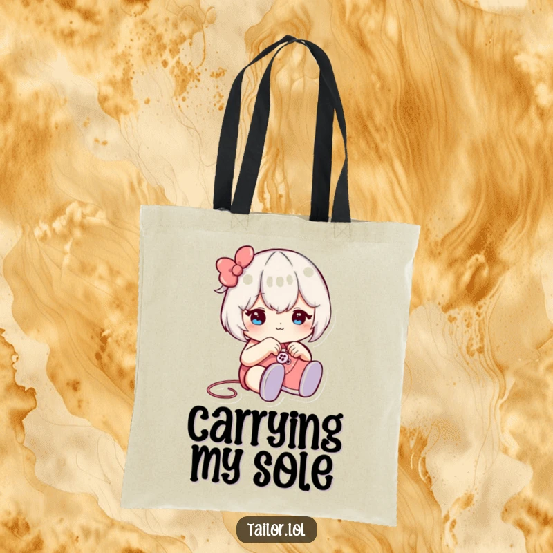 Funny tote bag featuring a character winking while sewing a button onto a tiny shoe, perfect for carrying craft supplies with humor.