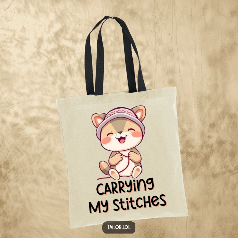 Funny animal tote bag, a joyful animal wearing a thimble hat, happily stitching, perfect for carrying craft supplies.