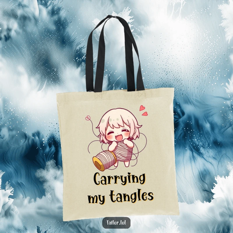 Funny character tangled in a lot of thread, giggling, a humorous and practical tote bag.