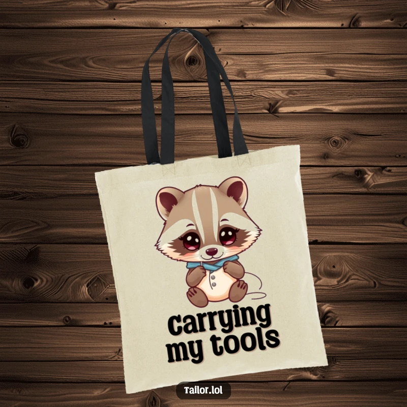 Funny curious Kawaii badger tailor character examining a needle and thread with wide eyes on a tote bag, funny gift.