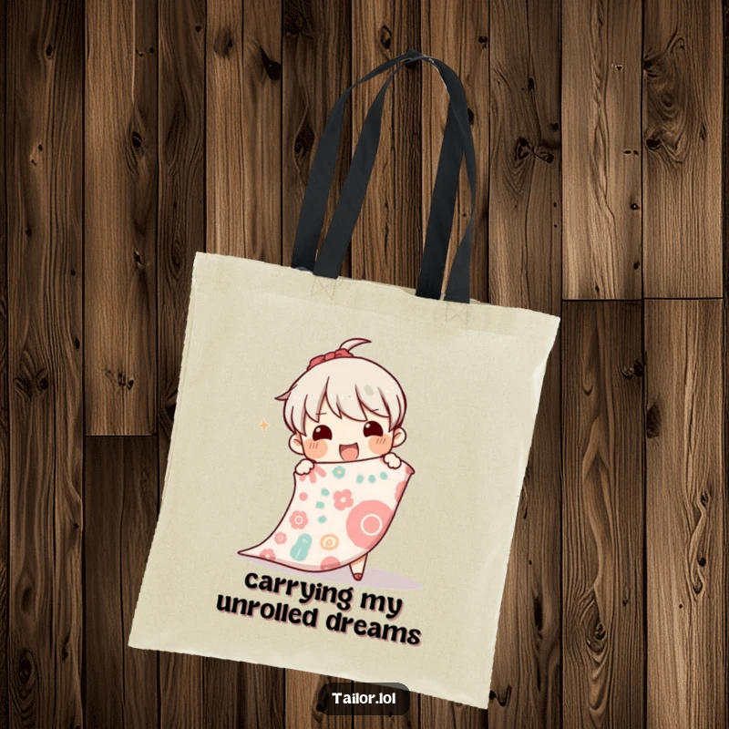 Funny tote bag depicting an excited character unrolling a vast bolt of patterned cloth, ideal for carrying sewing supplies.