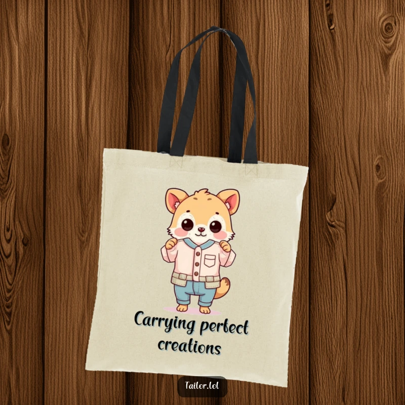 Funny tote bag with an animal proudly holding a ridiculously small, perfectly sewn garment, great for crafting supplies.