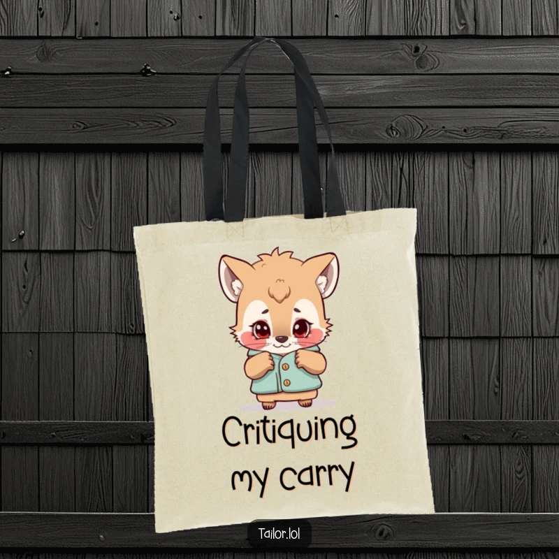 Funny tote bag with a curious animal character examining a garment with a critical eye, ideal for humorous shopping trips.