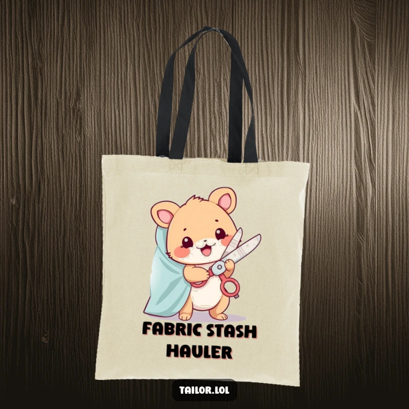 Funny tote bag with a cute animal character happily snipping fabric using oversized, sparkling scissors; ideal for crafters.