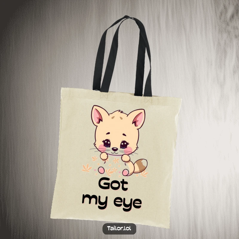 Funny tote bag featuring a cute animal character with eyes locked onto a pattern, showcasing intense focus and adorable dedication.