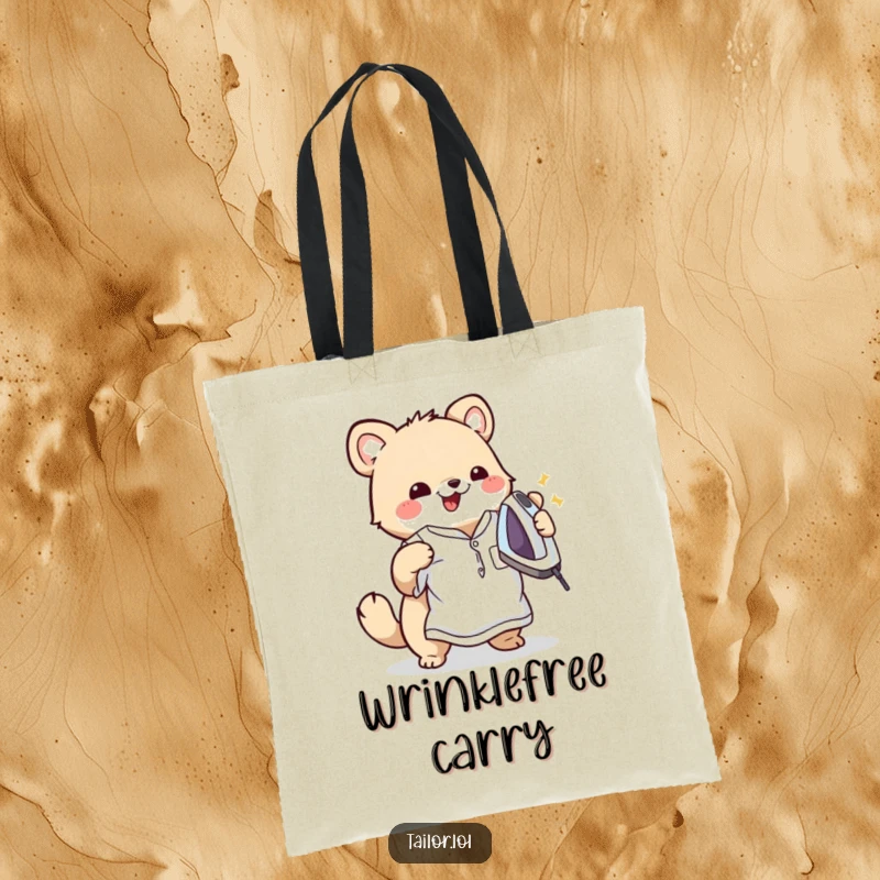Funny tote bag featuring a cute animal character happily ironing a wrinkled shirt, adding a touch of domestic humor to everyday tasks.
