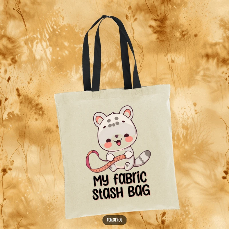 Funny animal measurer tote bag, a cute animal using a tape measure on cloth, ideal for sewers.