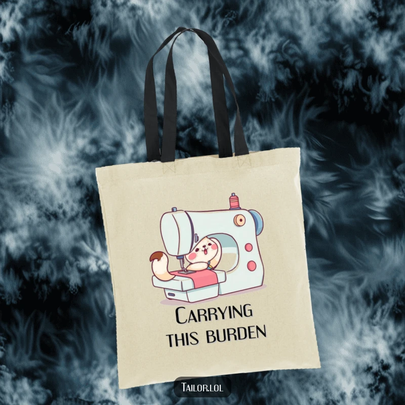 Funny tote bag featuring a cute animal character straining to push a large sewing machine, carrying a humorous nod to crafting challenges.