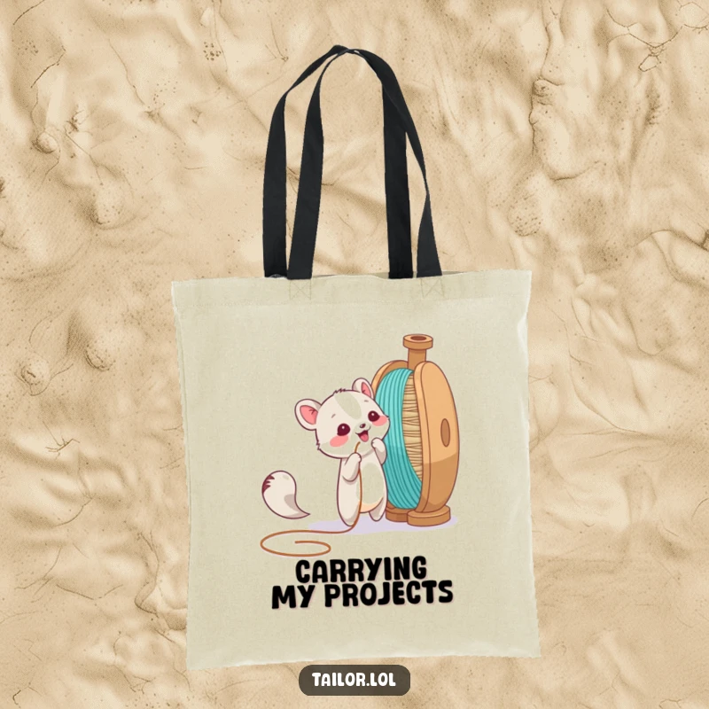 Funny tote bag with an animal character playfully pulling a thread from a giant spool, a whimsical and practical accessory.