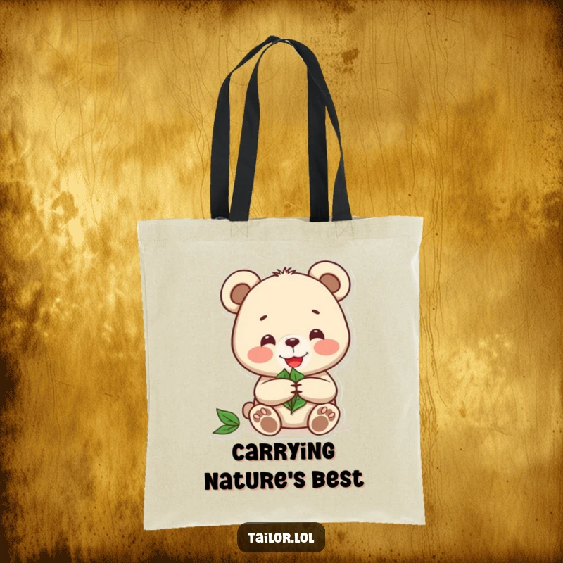 Funny tote bag featuring a joyful bear meticulously cutting a pattern from a leaf, a natural and artistic accessory.