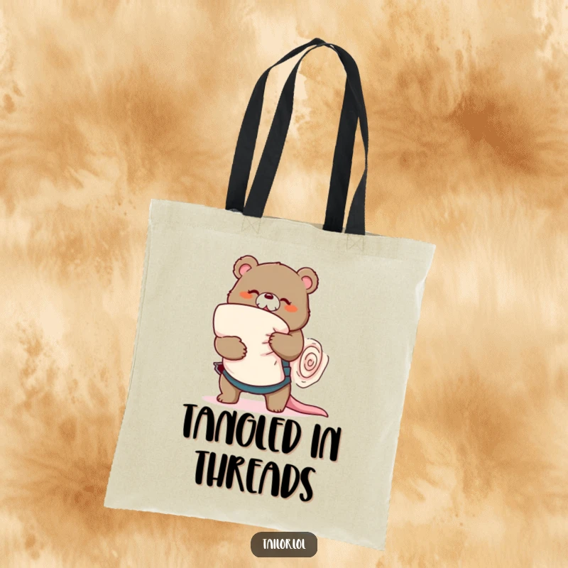 Funny playful bear tailor wrestling a large roll of fabric, reusable tote bag, sewing humor, perfect funny gift.