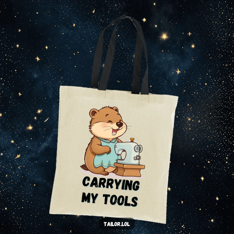 Funny busy beaver tailor operating a sewing machine on a tote bag, great for carrying tools and project supplies humorously.